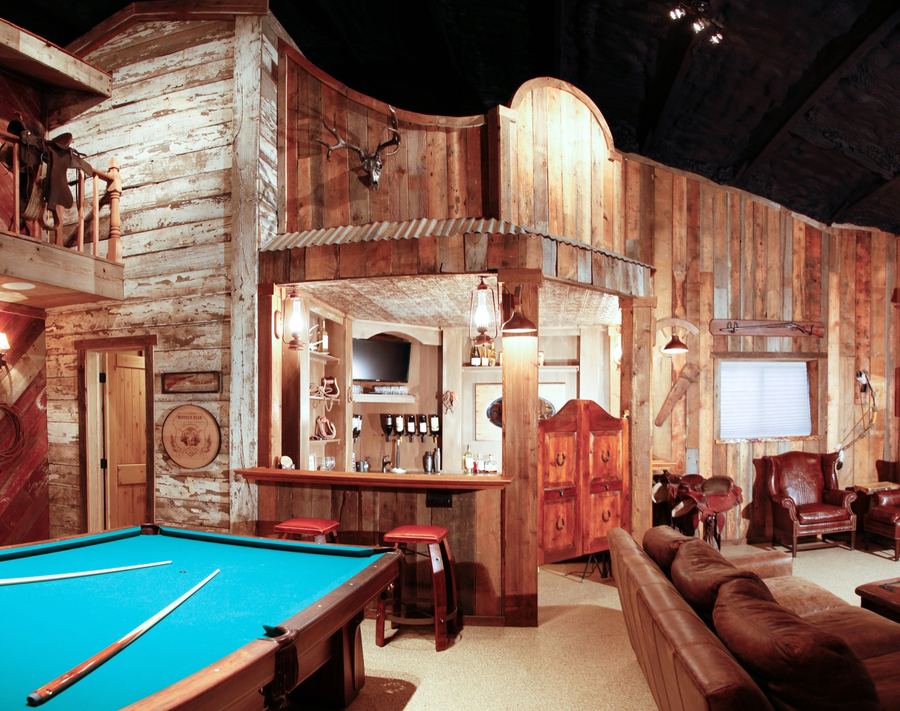 Western-themed basement with pool table