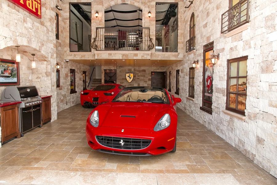 Stone-clad garage showroom with grill station